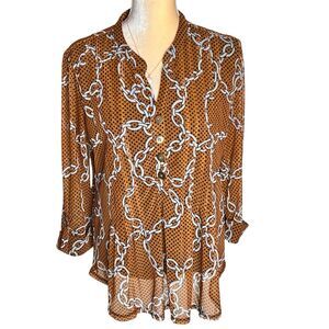 New Direction Top Sz L Mocha And White Chainlink Print  Mesh With Lining Pleats